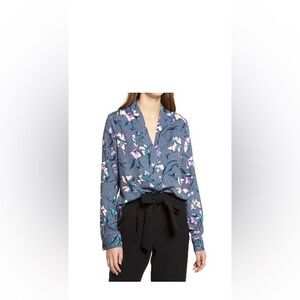 Halogen Floral Blouse - Dark Gray with Pink and Green Accents